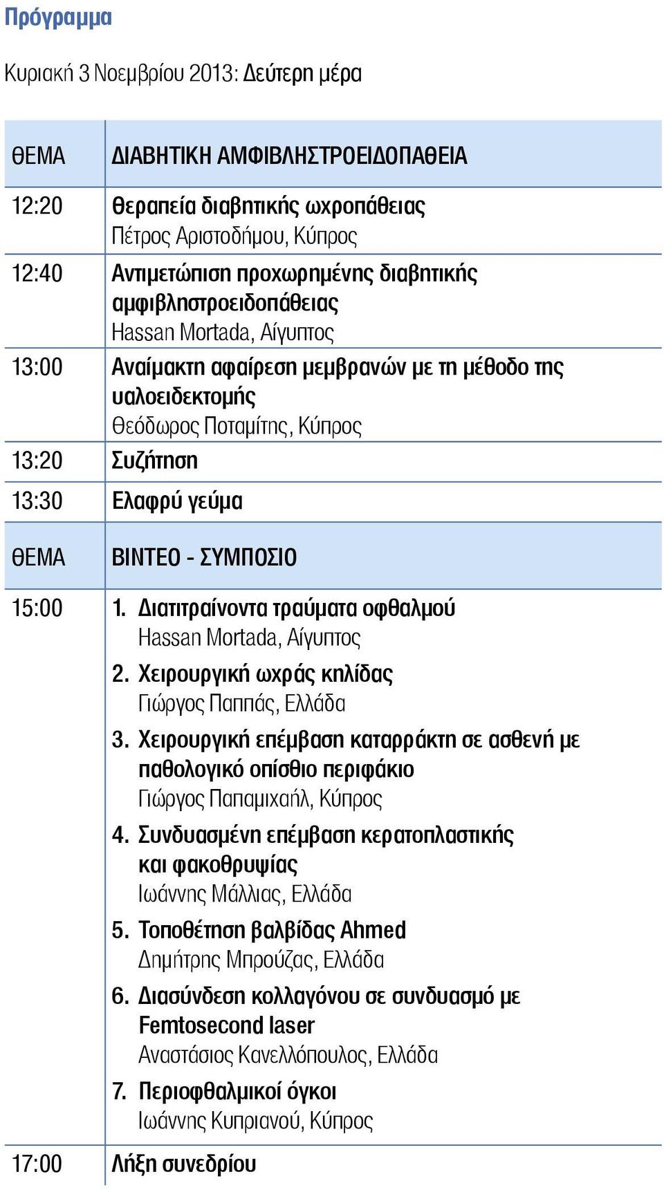 1. Διατιτραίνοντα τραύματα οφθαλμού Hassan Mortada, Αίγυπτος 2. Χειρουργική ωχράς κηλίδας Γιώργος Παππάς, Ελλάδα 3.