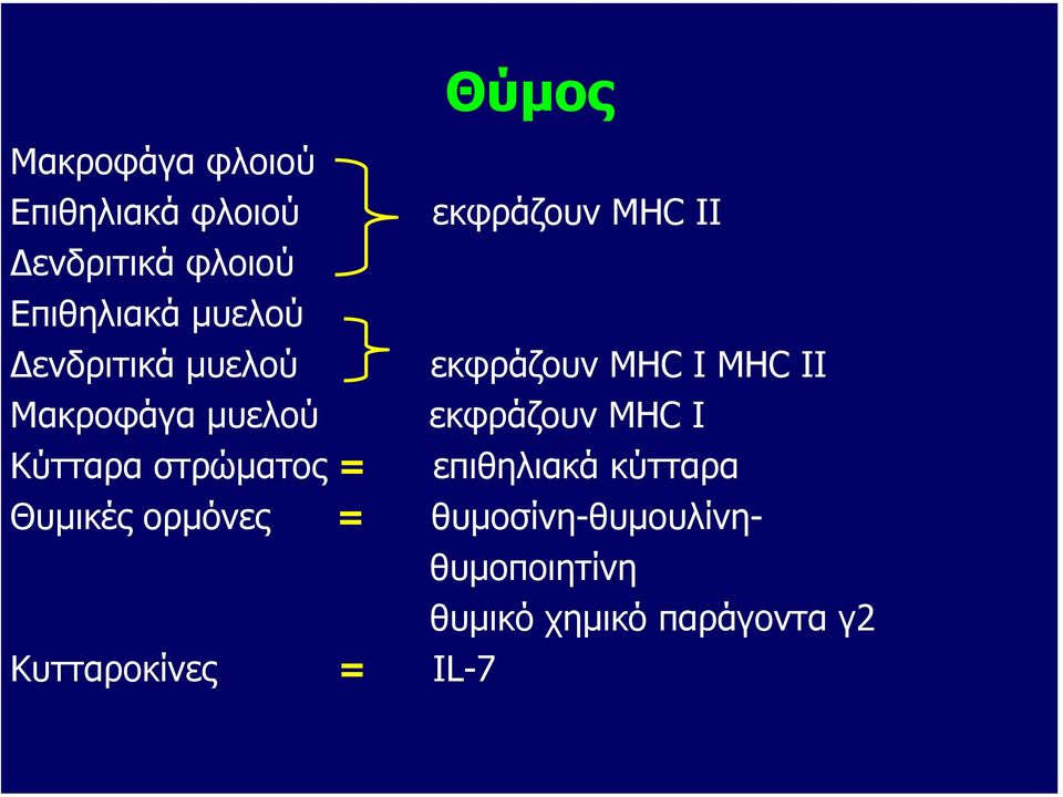 εκφράζουν MHC I Κύτταρα στρώµατος = επιθηλιακά κύτταρα Θυµικές ορµόνες =