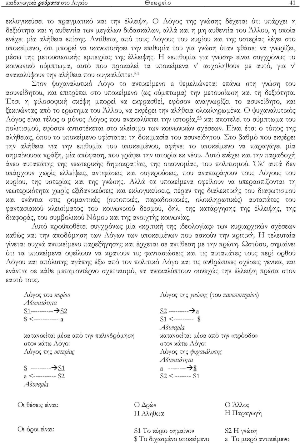 Αντίθετα, από τους Λόγους του κυρίου και της υστερίας λέγει στο υποκείµενο, ότι µπορεί να ικανοποιήσει την επιθυµία του για γνώση όταν φθάσει να γνωρίζει, µέσω της µετουσιωτικής εµπειρίας της