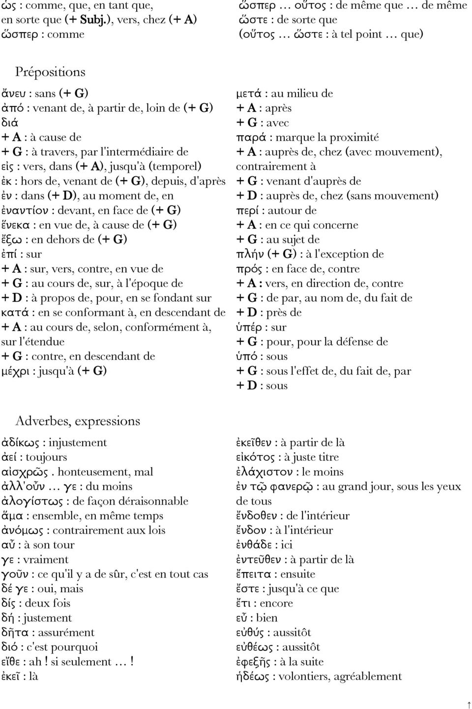 jusqu'à (temporel) ἐκ : hors de, venant de (+ G), depuis, d'après ἐν : dans (+ D), au moment de, en ἐναντίον : devant, en face de (+ G) ἕνεκα : en vue de, à cause de (+ G) ἔξω : en dehors de (+ G)