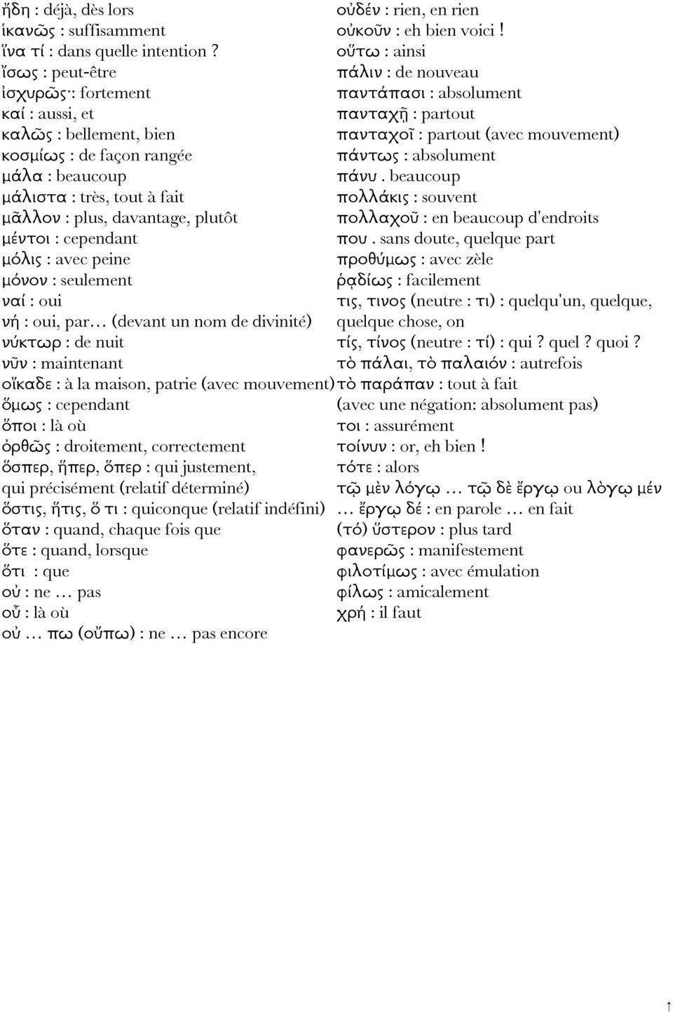 μόλις : avec peine μόνον : seulement ναί : oui νή : oui, par (devant un nom de divinité) νύκτωρ : de nuit νῦν : maintenant οἴκαδε : à la maison, patrie (avec mouvement) ὅμως : cependant ὅποι : là où