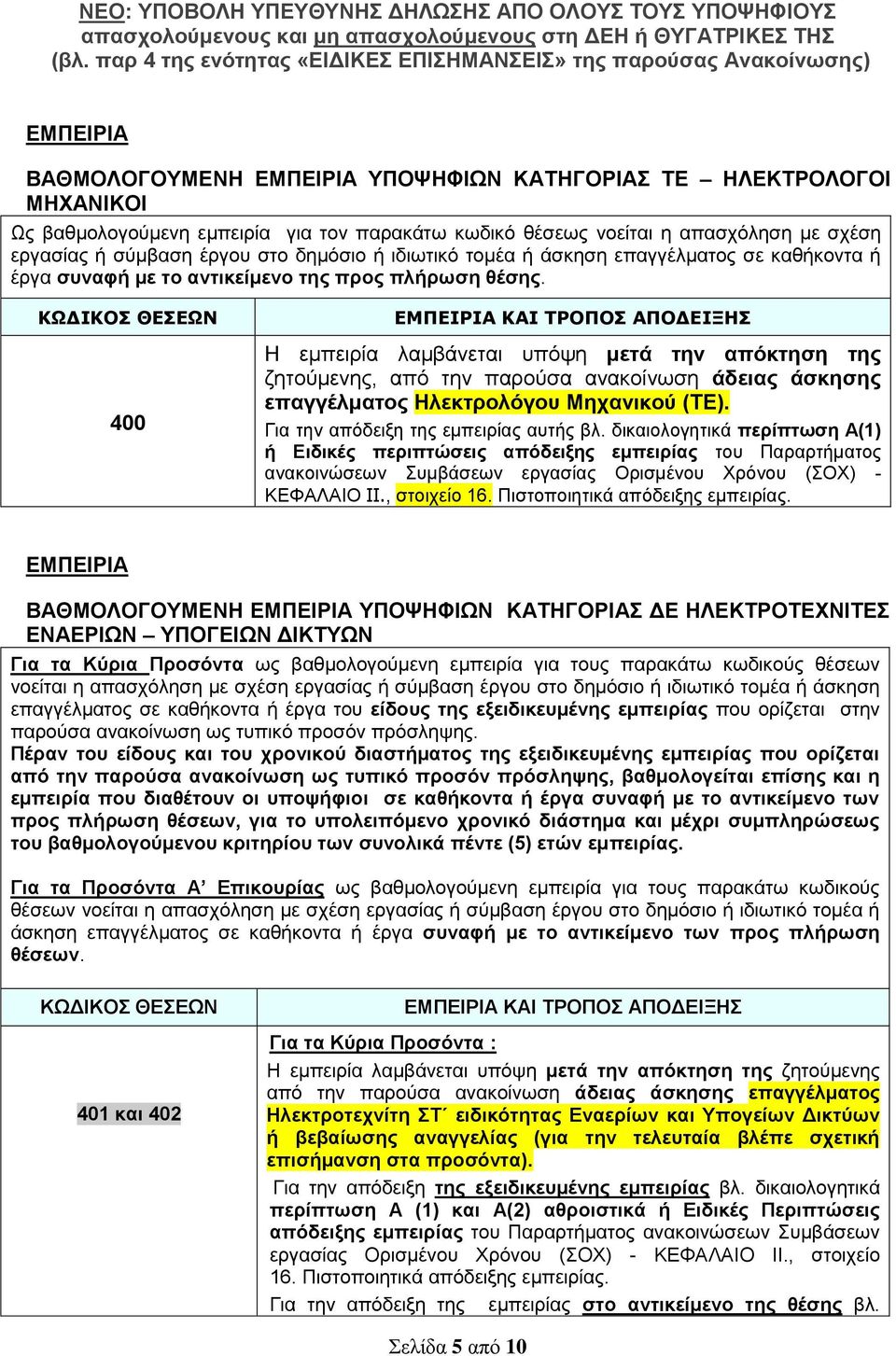 ΚΩΔΙΚΟΣ ΘΕΣΕΩΝ 400 ΕΜΠΕΙΡΙΑ ΚΑΙ ΤΡΟΠΟΣ ΑΠΟΔΕΙΞΗΣ Η εμπειρία λαμβάνεται υπόψη μετά την απόκτηση της ζητούμενης, από την παρούσα ανακοίνωση άδειας άσκησης επαγγέλματος Ηλεκτρολόγου Μηχανικού (ΤΕ).