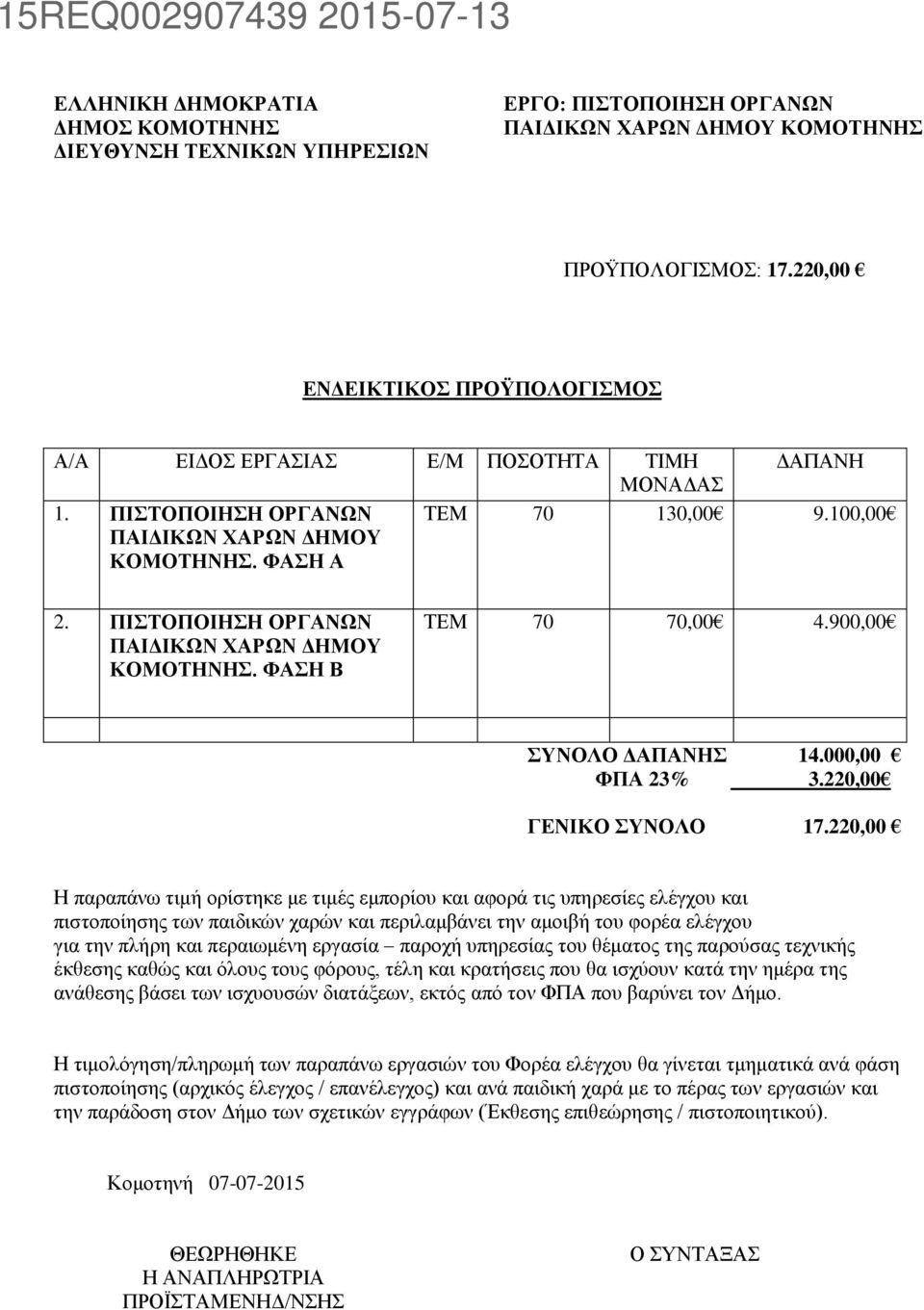 ΠΙΣΤΟΠΟΙΗΣΗ ΟΡΓΑΝΩΝ ΠΑΙΔΙΚΩΝ ΧΑΡΩΝ ΔΗΜΟΥ ΚΟΜΟΤΗΝΗΣ. ΦΑΣΗ Β ΤΕΜ 70 70,00 4.900,00 ΣΥΝΟΛΟ ΔΑΠΑΝΗΣ 14.000,00 ΦΠΑ 23% 3.220,00 ΓΕΝΙΚΟ ΣΥΝΟΛΟ 17.