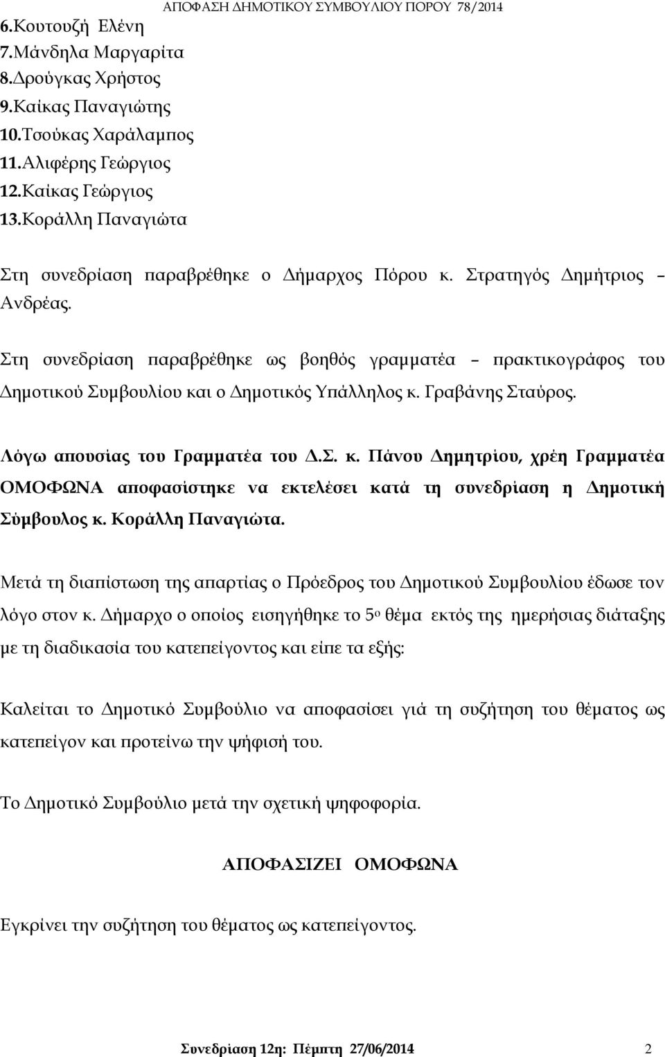 Στη συνεδρίαση παραβρέθηκε ως βοηθός γραμματέα πρακτικογράφος του Δημοτικού Συμβουλίου και ο Δημοτικός Υπάλληλος κ. Γραβάνης Σταύρος. Λόγω απουσίας του Γραμματέα του Δ.Σ. κ. Πάνου Δημητρίου, χρέη Γραμματέα ΟΜΟΦΩΝΑ αποφασίστηκε να εκτελέσει κατά τη συνεδρίαση η Δημοτική Σύμβουλος κ.