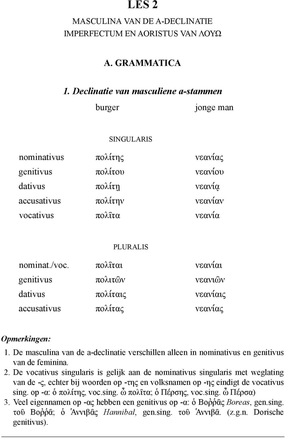 PLURALIS nominat./voc. πολῖται νεανίαι genitivus πολιτῶν νεανιῶν dativus πολίταις νεανίαις accusativus πολίτας νεανίας Opmerkingen: 1.