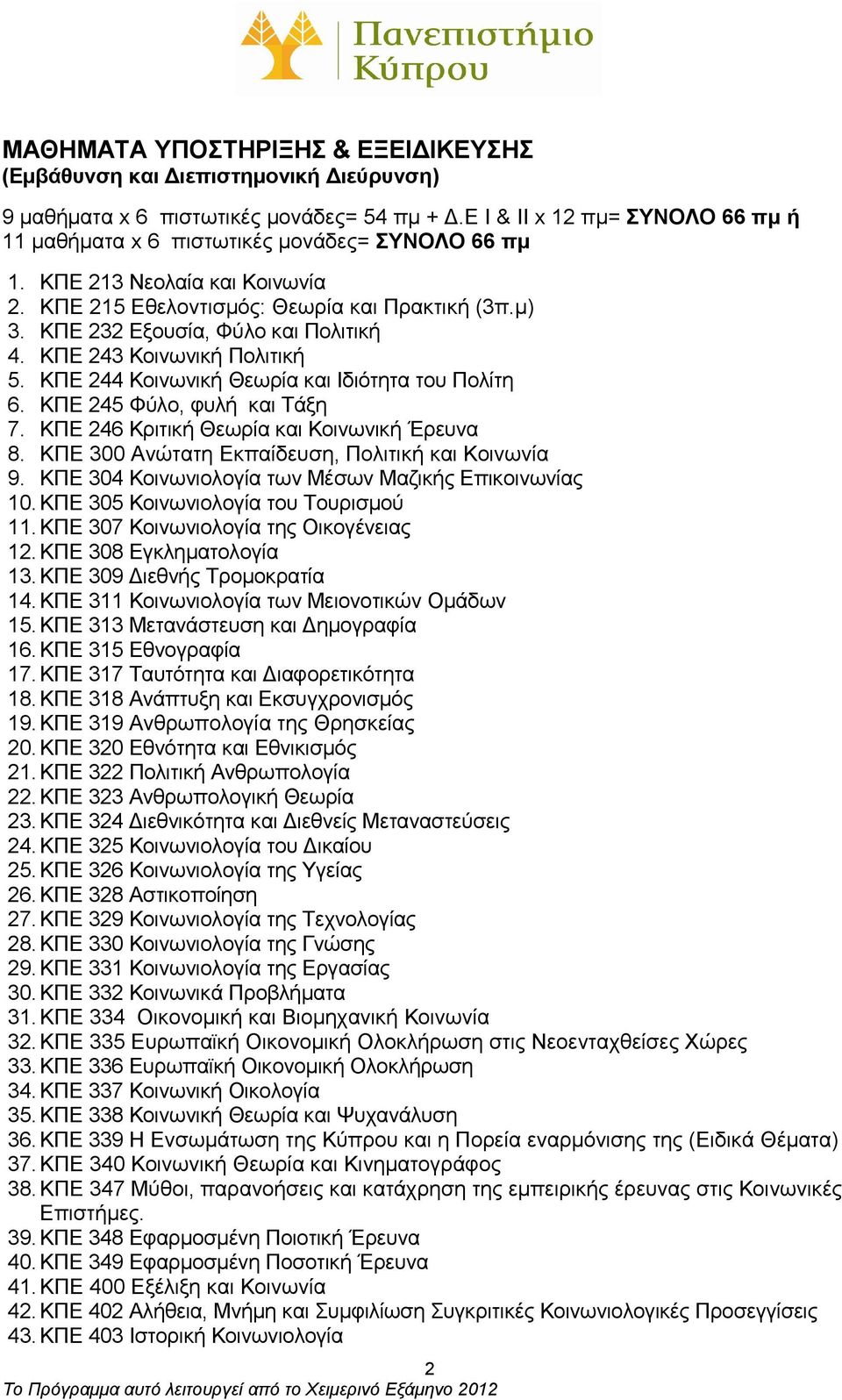 ΚΠΕ 232 Εξουσία, Φύλο και Πολιτική 4. KΠE 243 Κοινωνική Πολιτική 5. KΠE 244 Κοινωνική Θεωρία και Ιδιότητα του Πολίτη 6. KΠE 245 Φύλο, φυλή και Τάξη 7. KΠE 246 Κριτική Θεωρία και Κοινωνική Έρευνα 8.