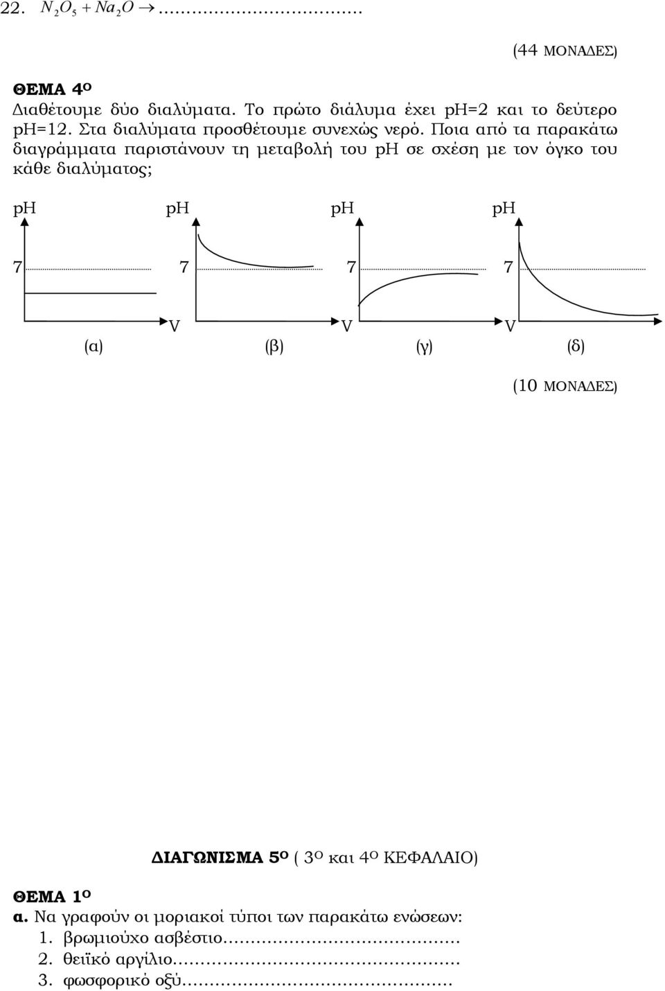 Ποια από τα παρακάτω διαγράµµατα παριστάνουν τη µεταβολή του ph σε σχέση µε τον όγκο του κάθε διαλύµατος; ph ph ph