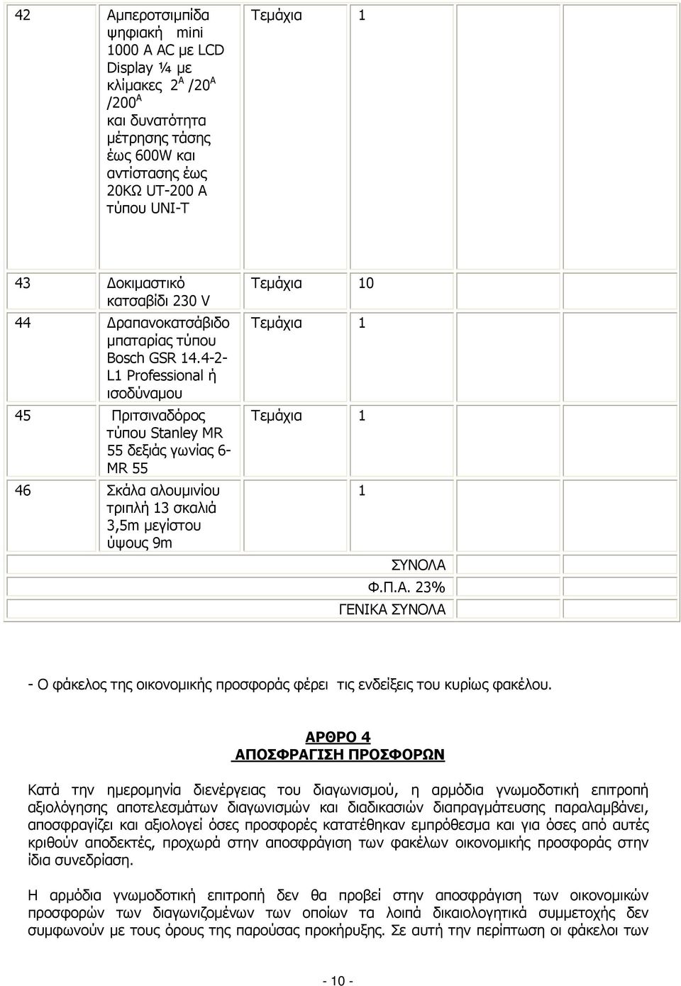 4-2- L1 Professional ή 45 Πριτσιναδόρος τύπου Stanley MR 55 δεξιάς γωνίας 6- MR 55 46 Σκάλα αλουµινίου τριπλή 13 σκαλιά 3,5m µεγίστου ύψους 9m Τεµάχια 1 Τεµάχια 1 1 ΣΥΝΟΛΑ 