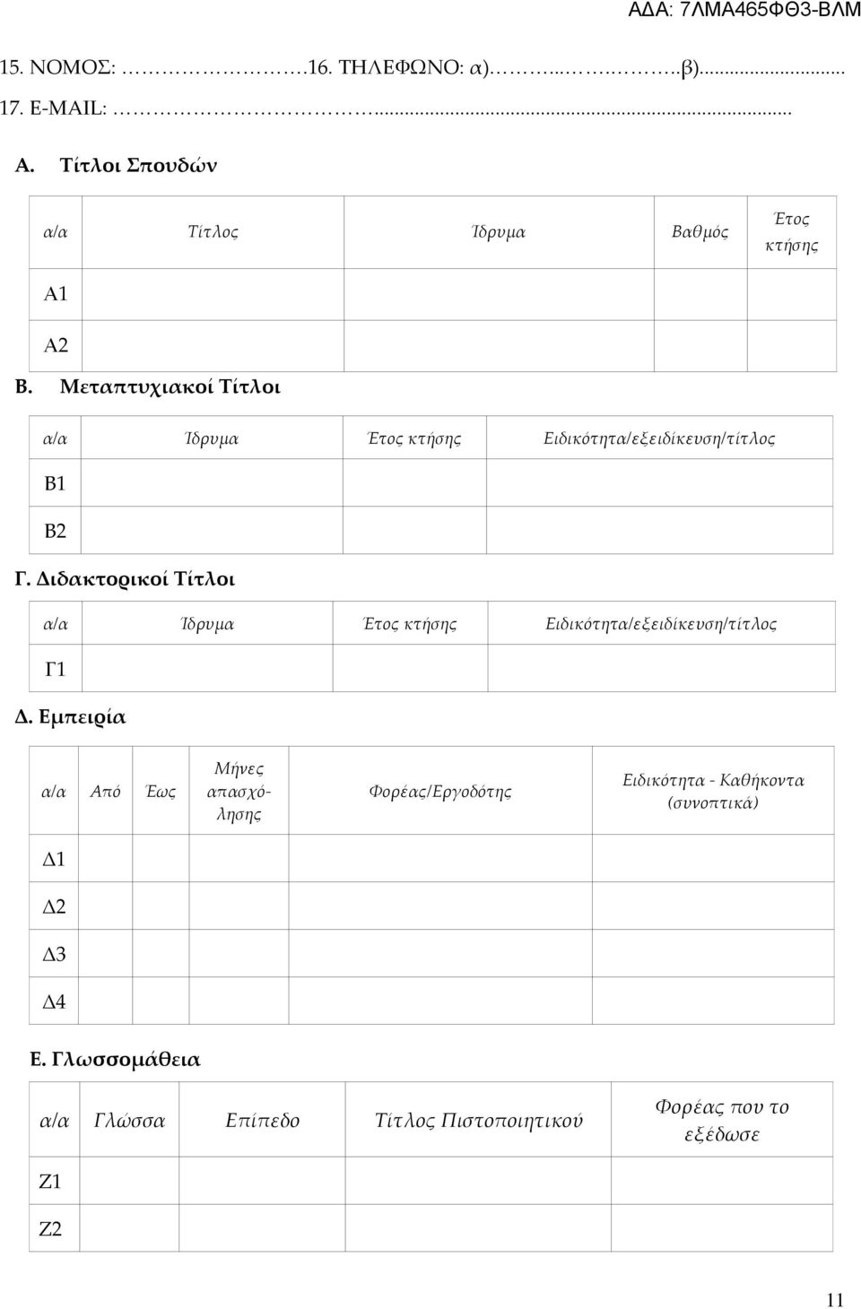 Διδακτορικοί Τίτλοι α/α Ίδρυμα Έτος κτήσης Ειδικότητα/εξειδίκευση/τίτλος Γ1 Δ.