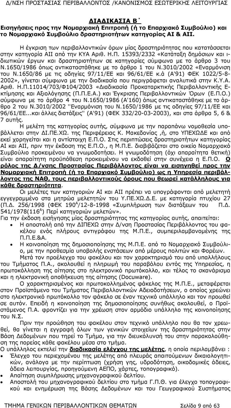 15393/2332 «Κατάταξη δημόσιων και ι- διωτικών έργων και δραστηριοτήτων σε κατηγορίες σύμφωνα με το άρθρο 3 του Ν.1650/1986 όπως αντικαταστάθηκε με το άρθρο 1 του Ν.3010/2002 «Εναρμόνιση του Ν.