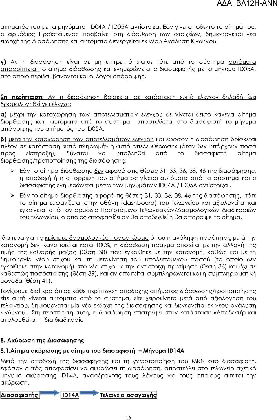 γ) Αν η διασάφηση είναι σε μη επιτρεπτό status τότε από το σύστημα αυτόματα απορρίπτεται το αίτημα διόρθωσης και ενημερώνεται ο διασαφιστής με το μήνυμα ID05Α, στο οποίο περιλαμβάνονται και οι λόγοι