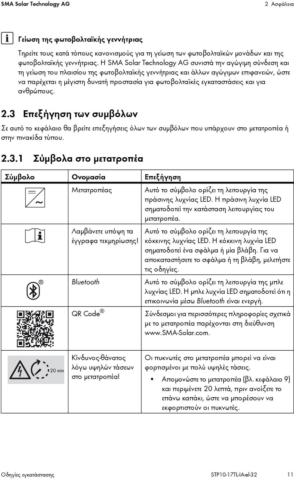 φωτοβολταϊκές εγκαταστάσεις και για ανθρώπους. 2.3 Επεξήγηση των συμβόλων Σε αυτό το κεφάλαιο θα βρείτε επεξηγήσεις όλων των συμβόλων που υπάρχουν στο μετατροπέα ή στην πινακίδα τύπου. 2.3.1 Σύμβολα στο μετατροπέα Σύμβολο Ονομασία Επεξήγηση Μετατροπέας Αυτό το σύμβολο ορίζει τη λειτουργία της πράσινης λυχνίας LED.