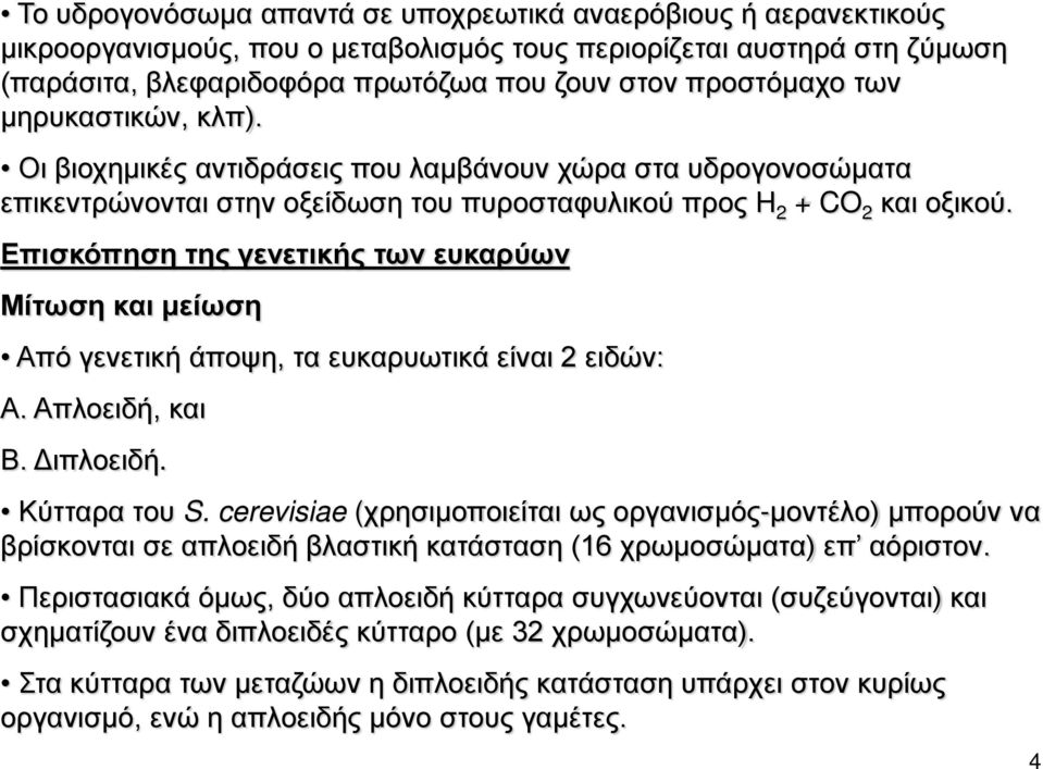 Επισκόπηση της γενετικής των ευκαρύων Μίτωση και μείωση Από γενετική άποψη, τα ευκαρυωτικά είναι 2 ειδών: Α. Απλοειδή, και Β. Διπλοειδή. Κύτταρα του S.