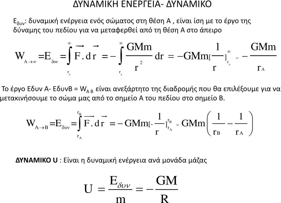 d r= dr [ ] A δυν r A r r ra r A r A Το έργο Eδυν Α- ΕδυνΒ = W A B είναι ανεξάρτητο της διαδρομής που θα επιλέξουμε για