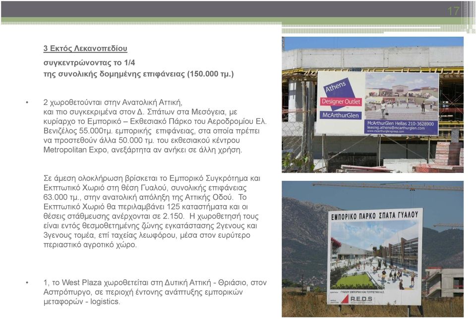 του εκθεσιακού κέντρου Metropolitan Expo, ανεξάρτητα αν ανήκει σε άλλη χρήση. Σε άμεση ολοκλήρωση βρίσκεται το Εμπορικό Συγκρότημα και Εκπτωτικό Χωριό στη θέση Γυαλού, συνολικής επιφάνειας 63.000 τμ.