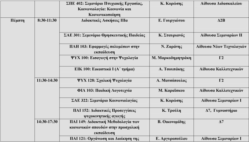 Ζαράνης Αίθουσα Νέων Τεχνολογιών εκπαίδευση ΨΥΧ 100: Εισαγωγή στην Ψυχολογία Μ. Μαρκοδημητράκη Γ2 ΕΙΚ 100: Εικαστικά Ι (Α τμήμα) Α.