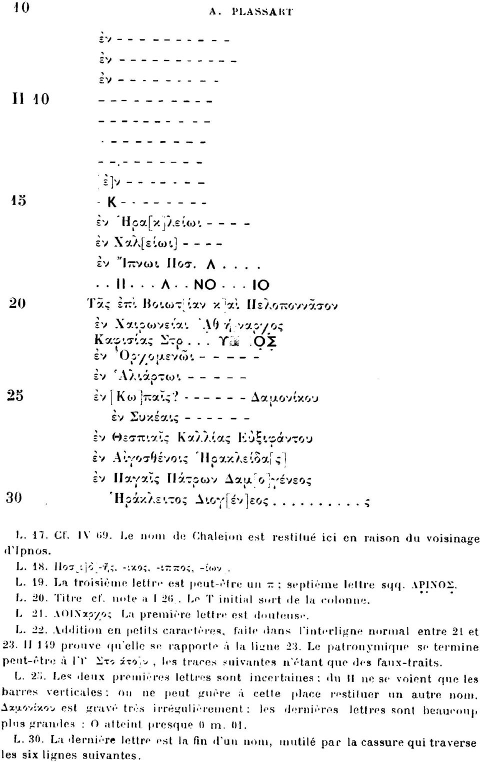 Ήρά/λε',τος ΛιογΓέν ]εο; ς L. Π. Cf. 1\' *-ί ί* _ Le nom de f.haleiuri est restitué ici en raison du voisinage d'ipnos. L. 18. Γ1θ7^>;;-ής. -ικος, -ι~ζος, -ίων. L. 19.