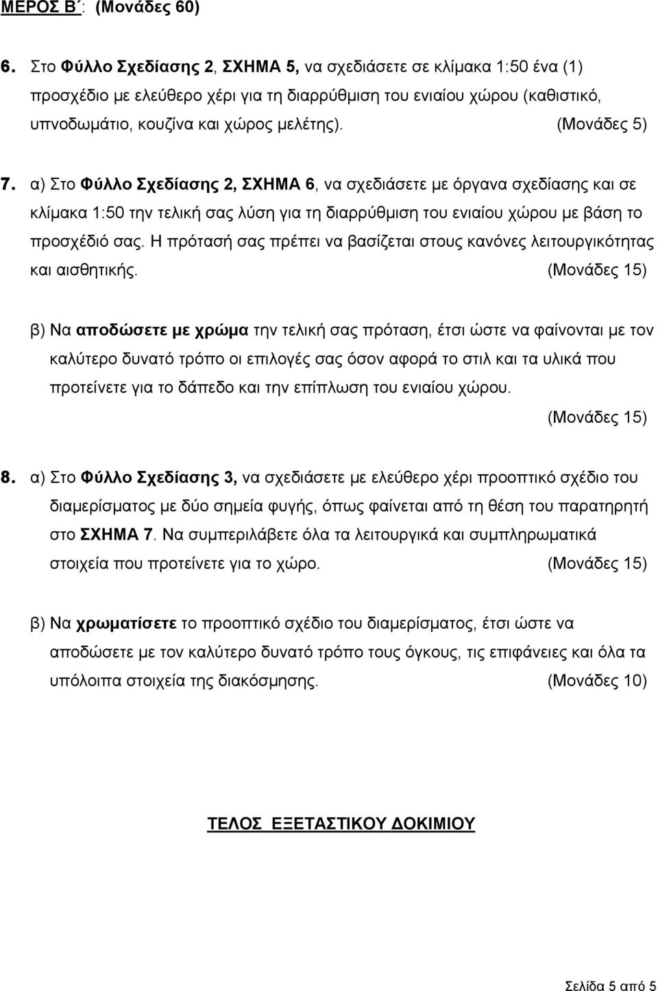 (Μονάδες 5) 7. α) Στο Φύλλο Σχεδίασης 2, ΣΧΗΜΑ 6, να σχεδιάσετε µε όργανα σχεδίασης και σε κλίµακα 1:50 την τελική σας λύση για τη διαρρύθµιση του ενιαίου χώρου µε βάση το προσχέδιό σας.