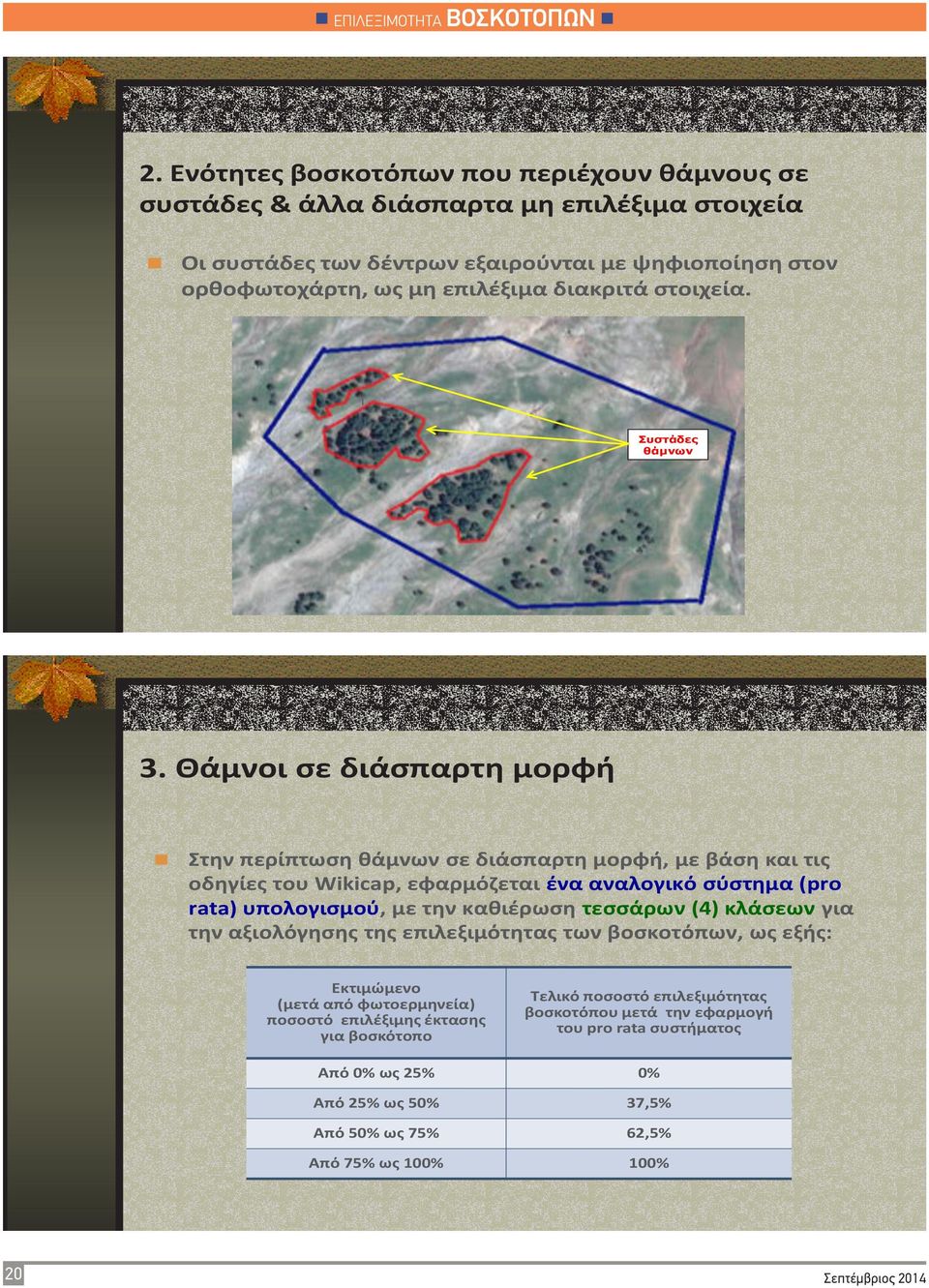 Θάμνοι ςε διάςπαρτθ μορφι Στθν περίπτωςθ κάμνων ςε διάςπαρτθ μορφι, με βάςθ και τισ οδθγίεσ του Wikicap, εφαρμόηεται ζνα αναλογικό ςφςτθμα (pro rata) υπολογιςμοφ, με τθν κακιζρωςθ