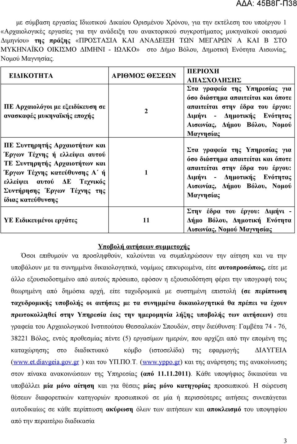 ΕΙΔΙΚΟΤΗΤΑ ΠΕ Αρχαιολόγοι με εξειδίκευση σε ανασκαφές μυκηναϊκής εποχής ΠΕ Συντηρητής Αρχαιοτήτων και Έργων Τέχνης ή ελλείψει αυτού ΤΕ Συντηρητής Αρχαιοτήτων και Έργων Τέχνης κατεύθυνσης Α ή ελλείψει