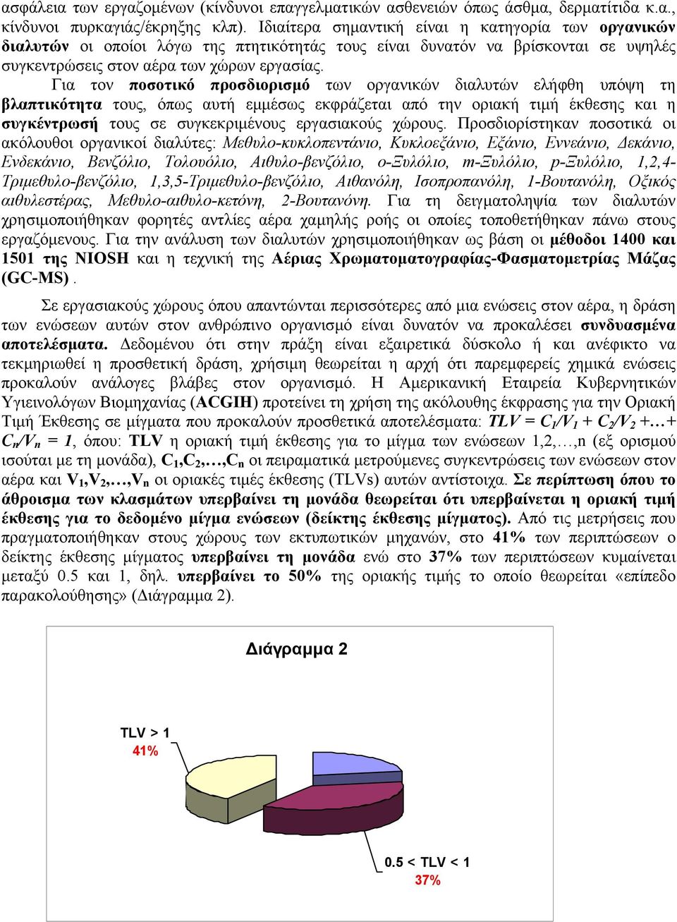 Για τον ποσοτικό προσδιορισµό των οργανικών διαλυτών ελήφθη υπόψη τη βλαπτικότητα τους, όπως αυτή εµµέσως εκφράζεται από την οριακή τιµή έκθεσης και η συγκέντρωσή τους σε συγκεκριµένους εργασιακούς