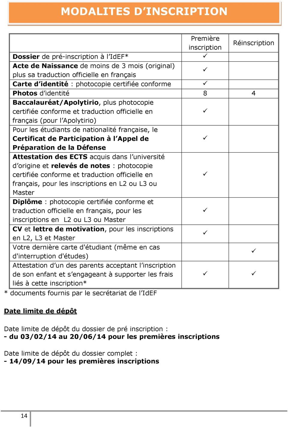 de nationalité française, le Certificat de Participation à l Appel de Préparation de la Défense Attestation des ECTS acquis dans l université d origine et relevés de notes : photocopie certifiée
