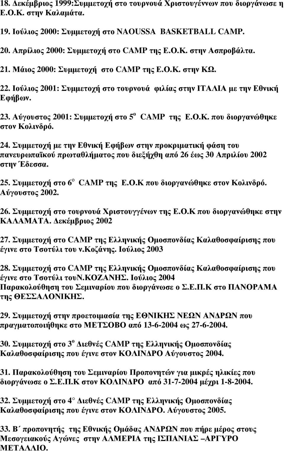 24. Συµµετοχή µε την Εθνική Εφήβων στην προκριµατική φάση του πανευρωπαϊκού πρωταθλήµατος που διεξήχθη από 26 έως 30 Απριλίου 2002 στην Έδεσσα. 25. Συµµετοχή στο 6 ο CAMP της Ε.Ο.