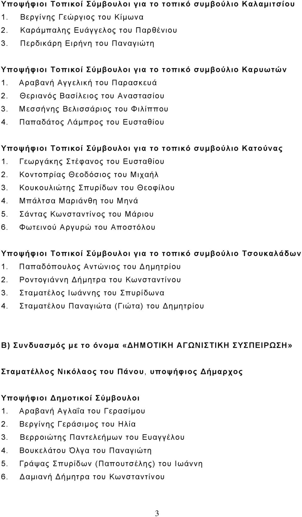 Μεσσήνης Βελισσάριος του Φιλίππου 4. Παπαδάτος Λάµπρος του Ευσταθίου Υποψήφιοι Τοπικοί Σύµβουλοι για το τοπικό συµβούλιο Κατούνας 1. Γεωργάκης Στέφανος του Ευσταθίου 2.