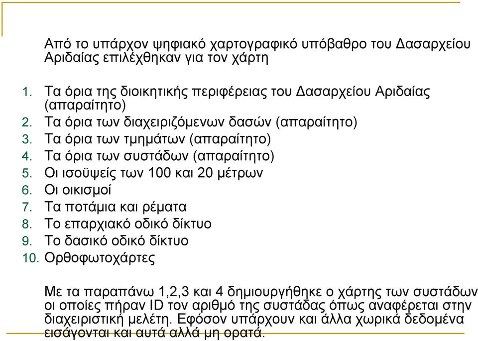 Οι οικισμοί 7. Τα ποτάμια και ρέματα 8. Το επαρχιακό οδικό δίκτυο 9. Το δασικό οδικό δίκτυο 10.