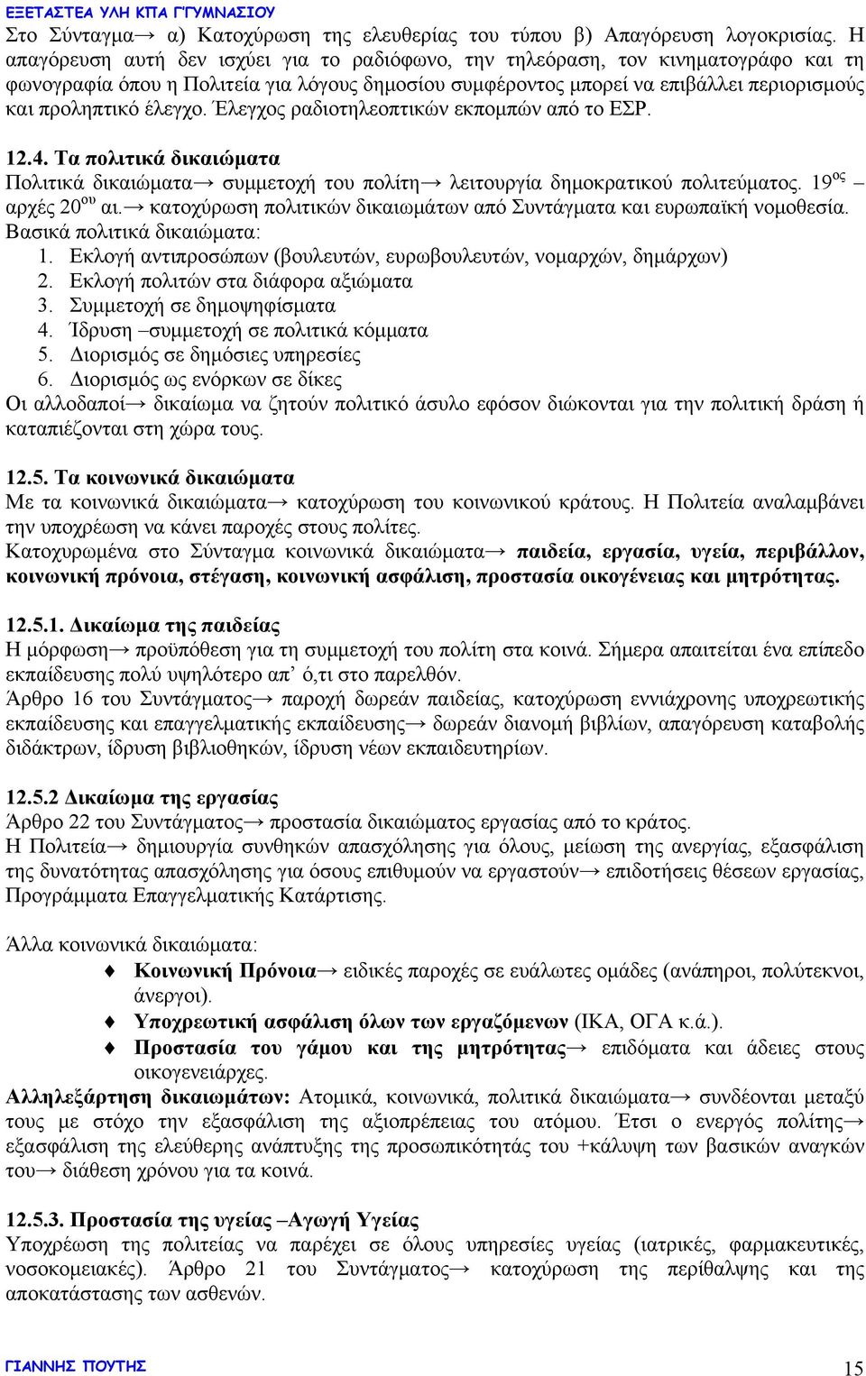 έλεγχο. Έλεγχος ραδιοτηλεοπτικών εκπομπών από το ΕΣΡ. 12.4. Τα πολιτικά δικαιώματα Πολιτικά δικαιώματα συμμετοχή του πολίτη λειτουργία δημοκρατικού πολιτεύματος. 19 ος αρχές 20 ου αι.