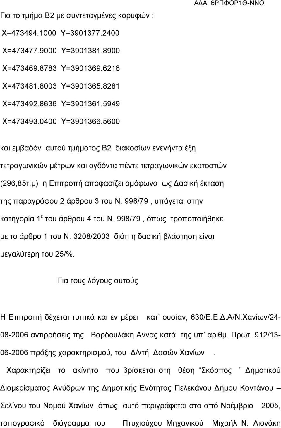 μ) η Επιτροπή αποφασίζει ομόφωνα ως Δασική έκταση της παραγράφου 2 άρθρου 3 του Ν. 998/79, υπάγεται στην κατηγορία 1 ε του άρθρου 4 του Ν. 998/79, όπως τροποποιήθηκε με το άρθρο 1 του Ν.