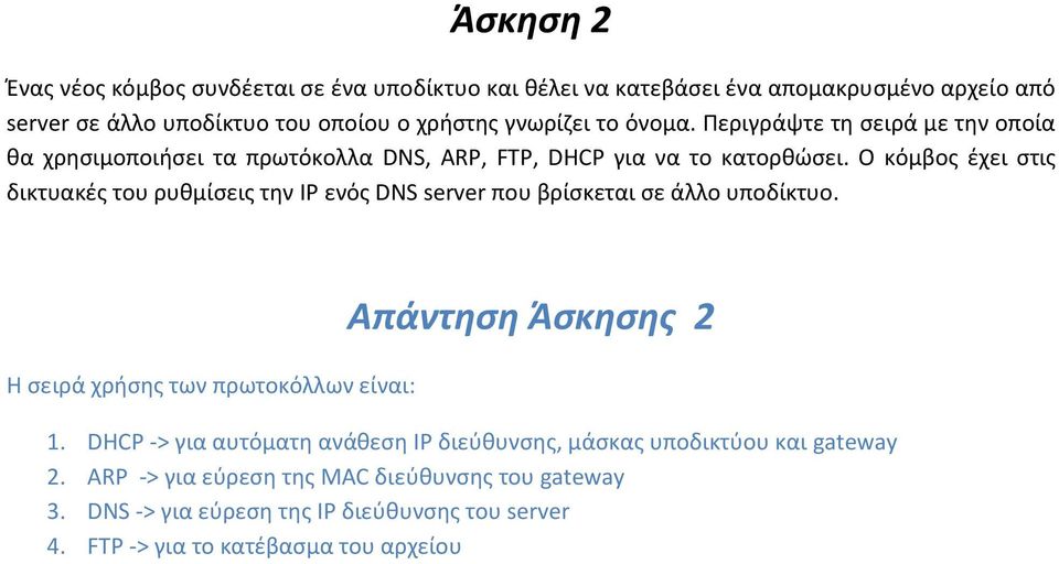 Ο κόμβος έχει στις δικτυακές του ρυθμίσεις την IP ενός DNS server που βρίσκεται σε άλλο υποδίκτυο. Η σειρά χρήσης των πρωτοκόλλων είναι: Απάντηση Άσκησης 2 1.