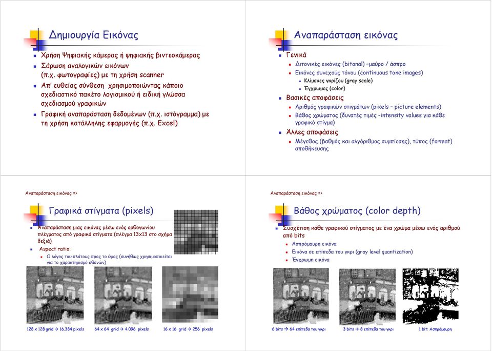 χ. Excel) Γενικά Αναπαράσταση εικόνας ιτονικές εικόνες (bitonal) µαύρο / άσπρο Εικόνες συνεχούς τόνου (continuous tone images) Κλίµακες γκρίζου (gray scale) Έγχρωµες (color) Βασικές αποφάσεις Αριθµός