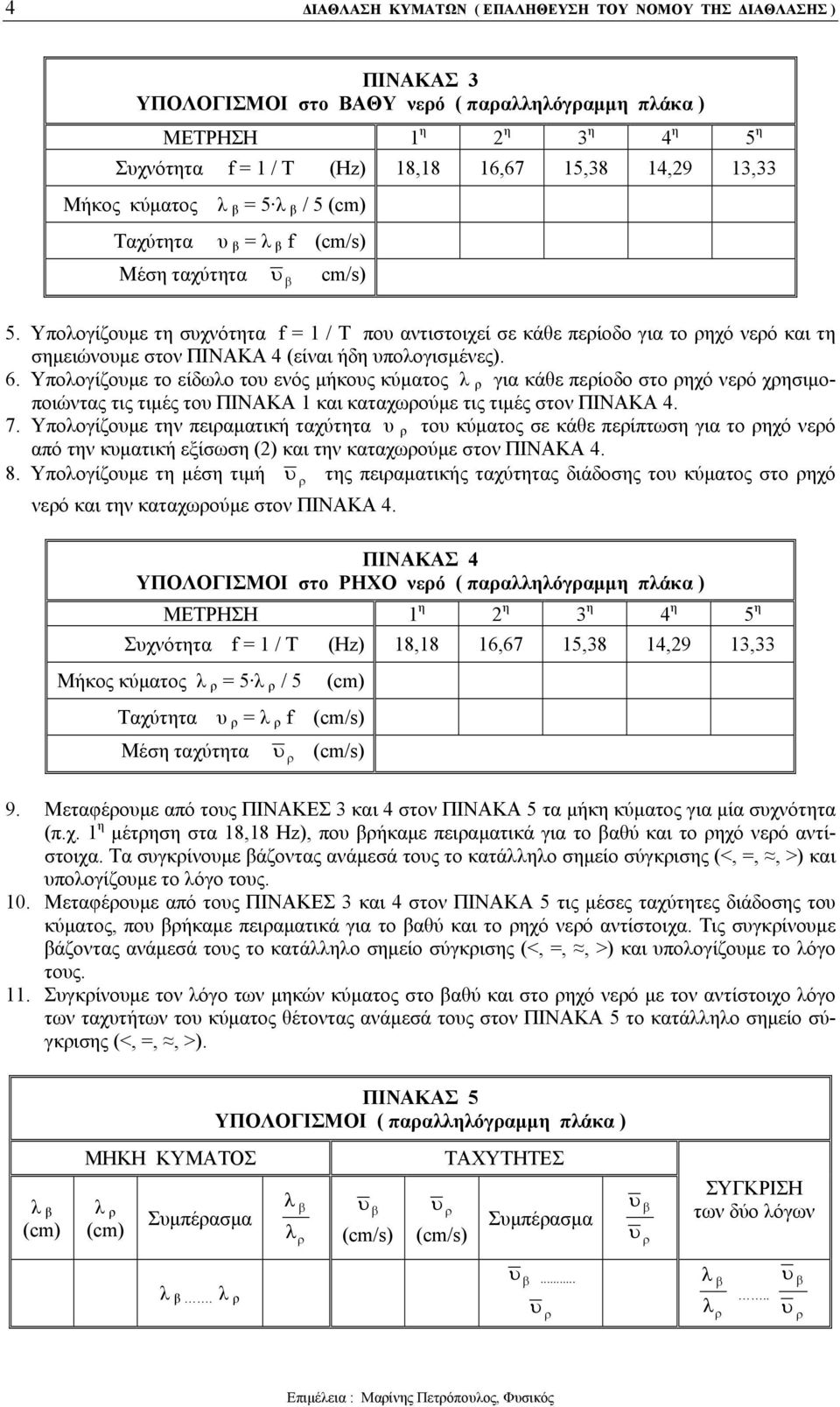 Υπολογίζουμε τη συχνότητα f = 1 / T που αντιστοιχεί σε κάθε περίοδο για το ρηχό νερό και τη σημειώνουμε στον ΠΙΝΑΚΑ 4 (είναι ήδη υπολογισμένες). 6.