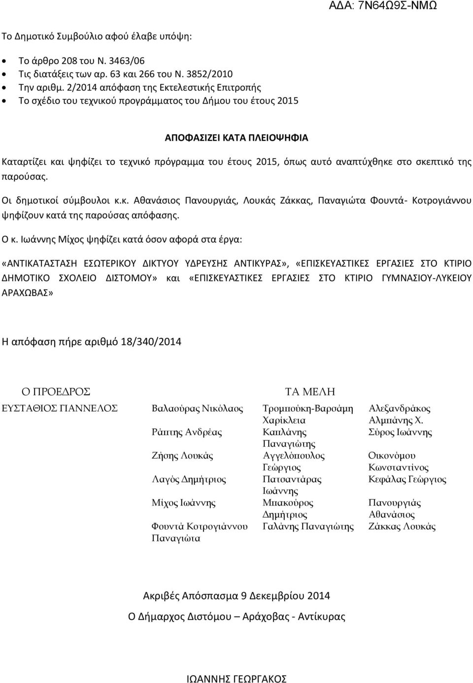 αναπτύχθηκε στο σκεπτικό της παρούσας. Οι δημοτικοί σύμβουλοι κ.κ. Αθανάσιος Πανουργιάς, Λουκάς Ζάκκας, Παναγιώτα Φουντά- Κοτρογιάννου ψηφίζουν κατά της παρούσας απόφασης. Ο κ.