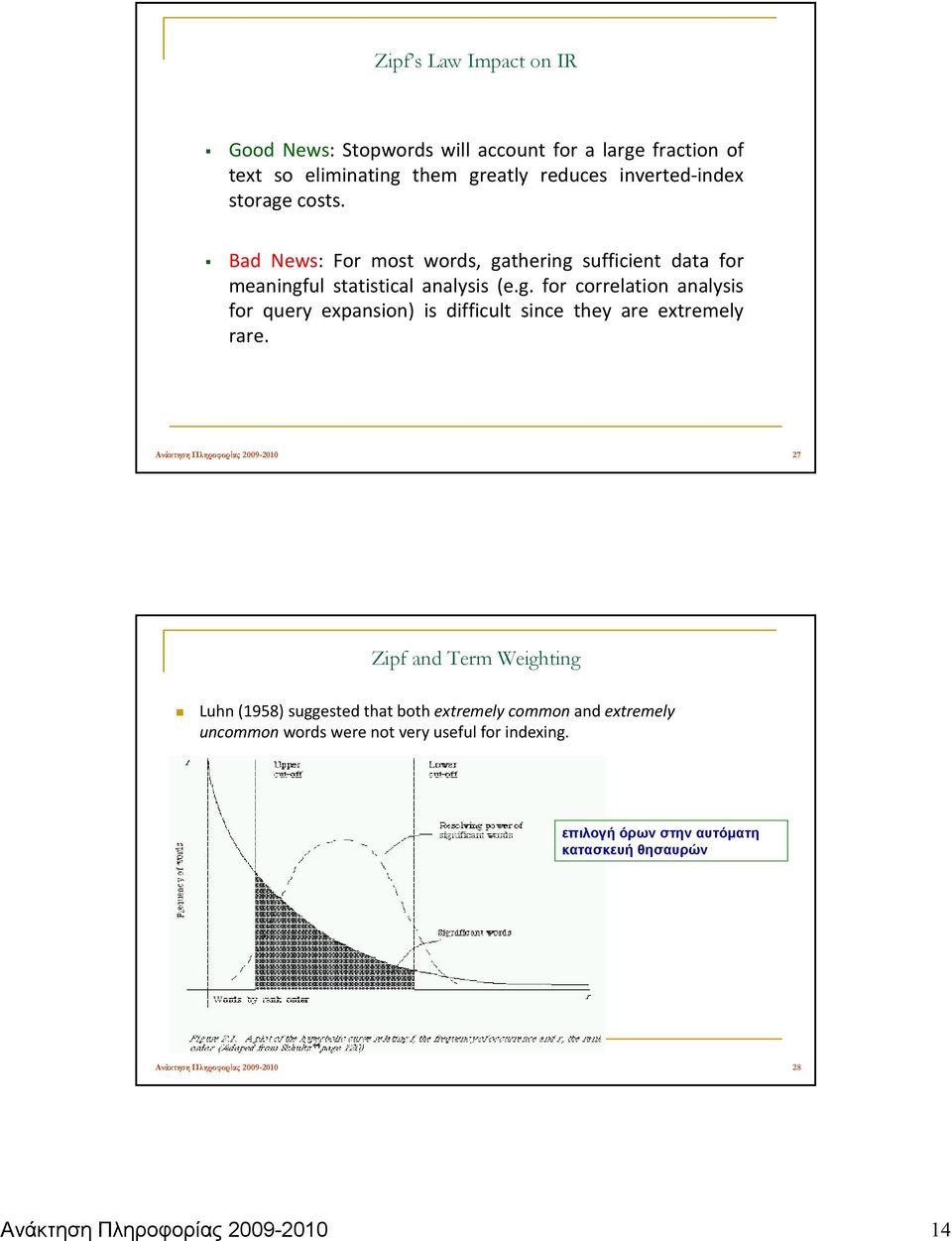 Ανάκτηση Πληροφορίας 2009-2010 27 Zipf and Term Weighting Luhn (1958) suggested that both extremely common and extremely uncommon words were not very