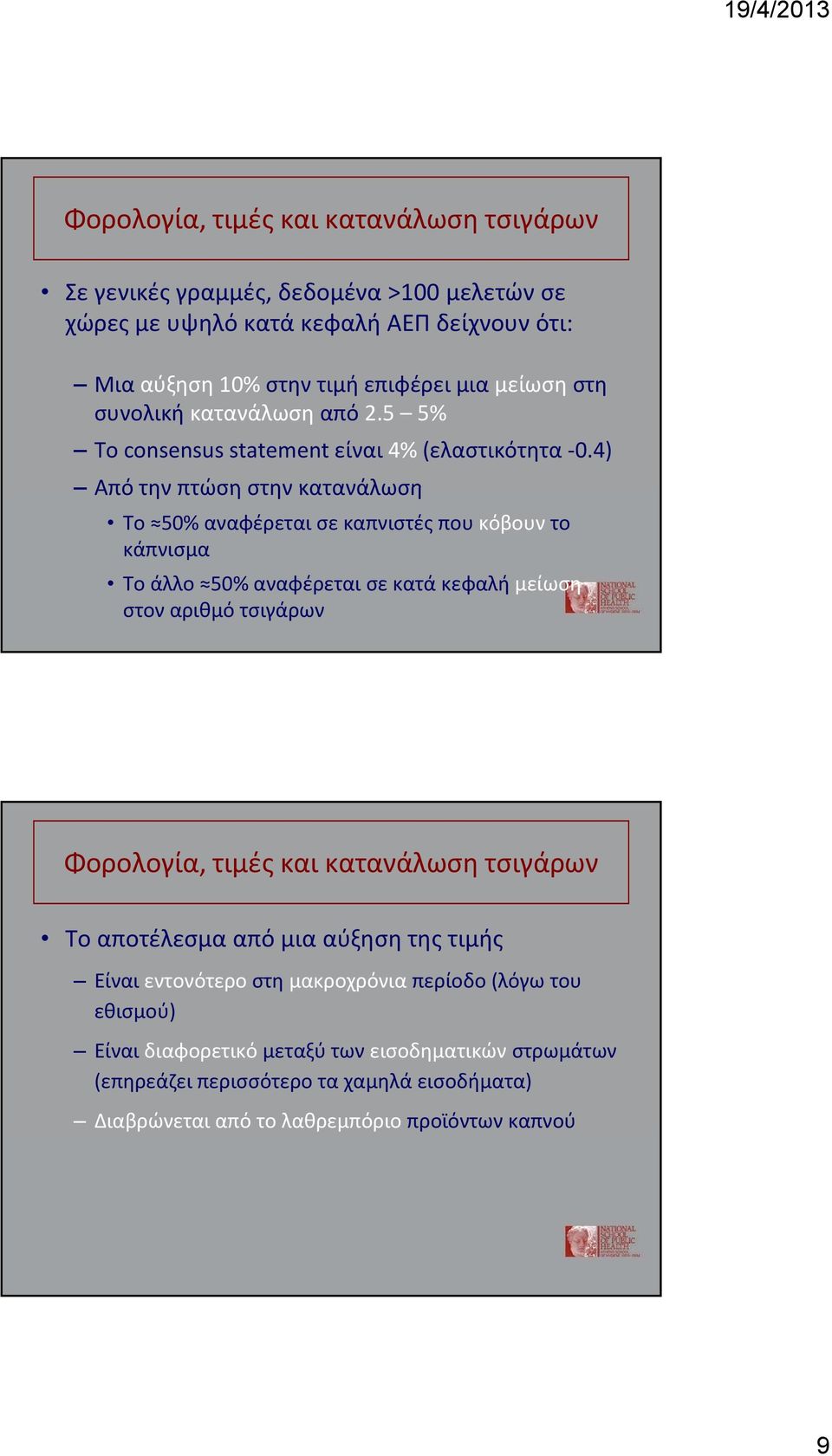 4) Από την πτώση στην κατανάλωση Το 50% αναφέρεται σε καπνιστές που κόβουν το κάπνισμα Το άλλο 50% αναφέρεται σε κατά κεφαλή μείωση στον αριθμό τσιγάρων Φορολογία, τιμές και