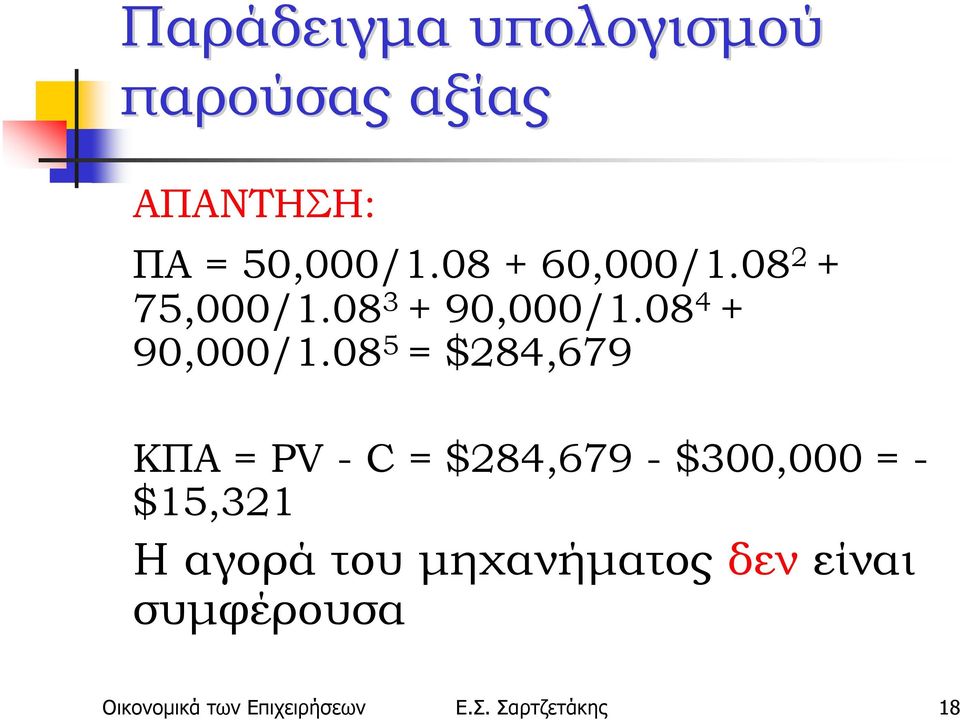 08 5 = $284,679 ΚΠΑ = PV - C = $284,679 - $300,000 = - $15,321 Η