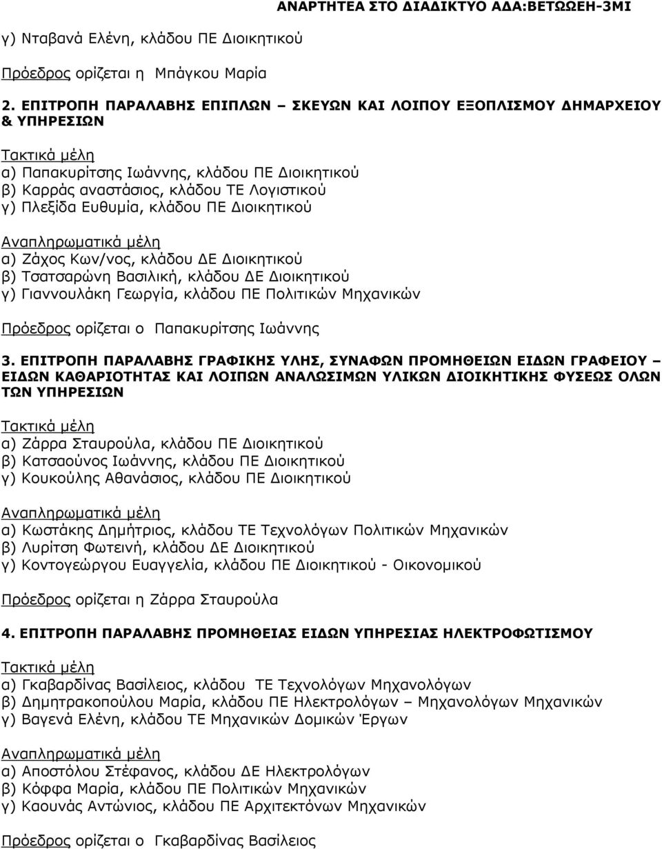 ιοικητικού α) Ζάχος Κων/νος, κλάδου Ε ιοικητικού β) Τσατσαρώνη Βασιλική, κλάδου Ε ιοικητικού γ) Γιαννουλάκη Γεωργία, κλάδου ΠΕ Πολιτικών Μηχανικών Πρόεδρος ορίζεται ο Παπακυρίτσης Ιωάννης 3.