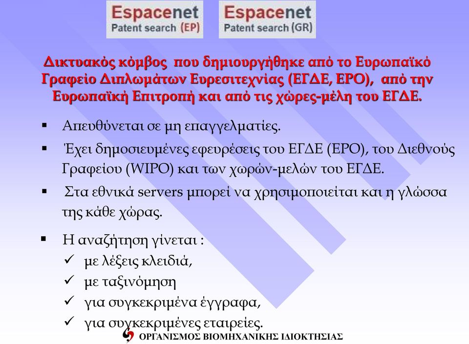 Έχει δημοσιευμένες εφευρέσεις του ΕΓΔΕ (EPO), του Διεθνούς Γραφείου (WIPO) και των χωρών-μελών του ΕΓΔΕ.