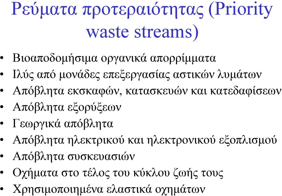 Απόβλητα εξορύξεων Γεωργικά απόβλητα Απόβλητα ηλεκτρικού και ηλεκτρονικού εξοπλισμού