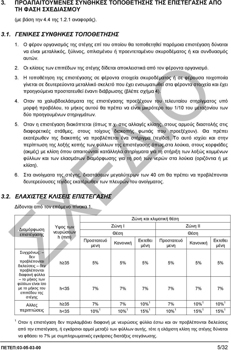 Οι κλίσεις των επιπέδων της στέγης δίδεται αποκλειστικά από τον φέροντα οργανισµό. 3.