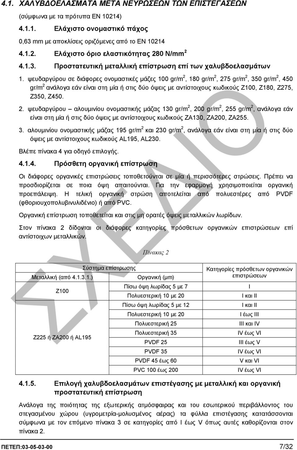 ψευδαργύρου σε διάφορες ονοµαστικές µάζες 100 gr/m 2, 180 gr/m 2, 275 gr/m 2, 350 gr/m 2, 450 gr/m 2 ανάλογα εάν είναι στη µία ή στις δύο όψεις µε αντίστοιχους κωδικούς Ζ100, Ζ180, Ζ275, Ζ350, Ζ450.