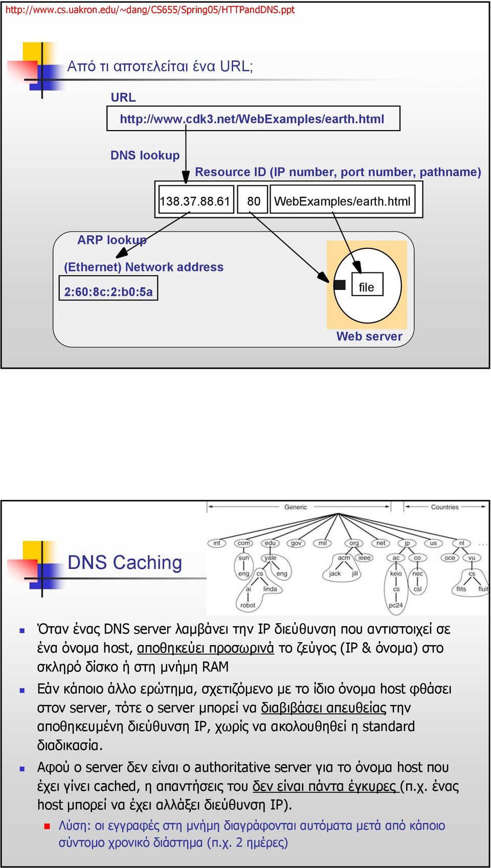 html ARP lookup (Ethernet) Network address 2:60:8c:2:b0:5a file Web server DNS Caching Όταν ένας DNS server λαµβάνει την IP διεύθυνση που αντιστοιχεί σε ένα όνοµα host, αποθηκεύει προσωρινά τo ζεύγος