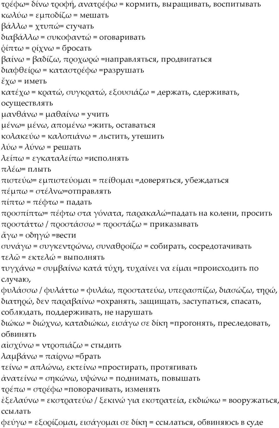 оставаться κολακεύω = καλοπιάνω = льстить, утешить λύω = λύνω = решать λείπω = εγκαταλείπω =исполнять πλέω= плыть πιστεύω= εµπιστεύοµαι = πείθοµαι =доверяться, убеждаться πέµπω = στέλνω=отправлять