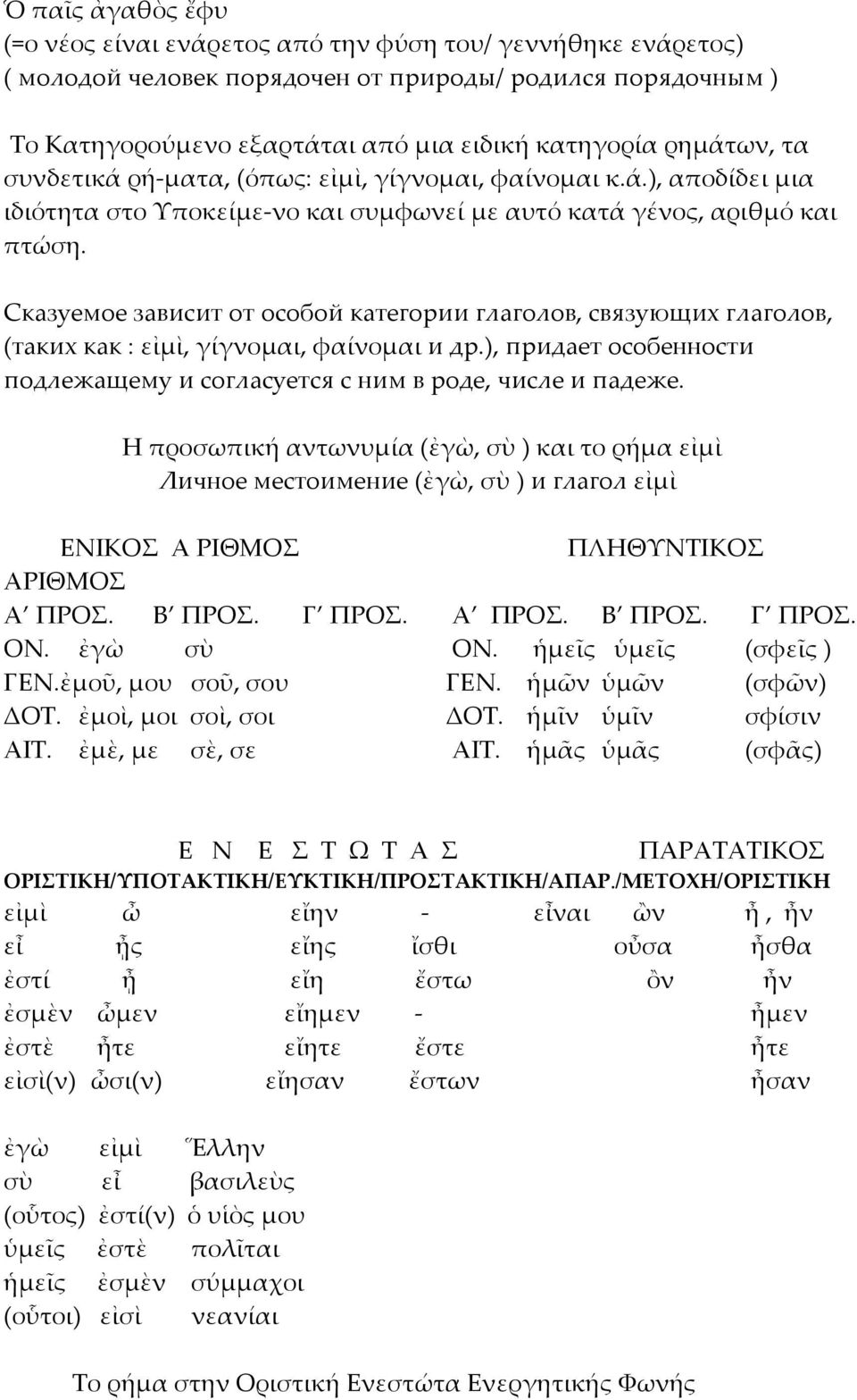 Сказуемое зависит от особой категории глаголов, связующих глаголов, (таких как : εἰµὶ, γίγνοµαι, φαίνοµαι и др.), придает особенности подлежащему и согласуется с ним в роде, числе и падеже.