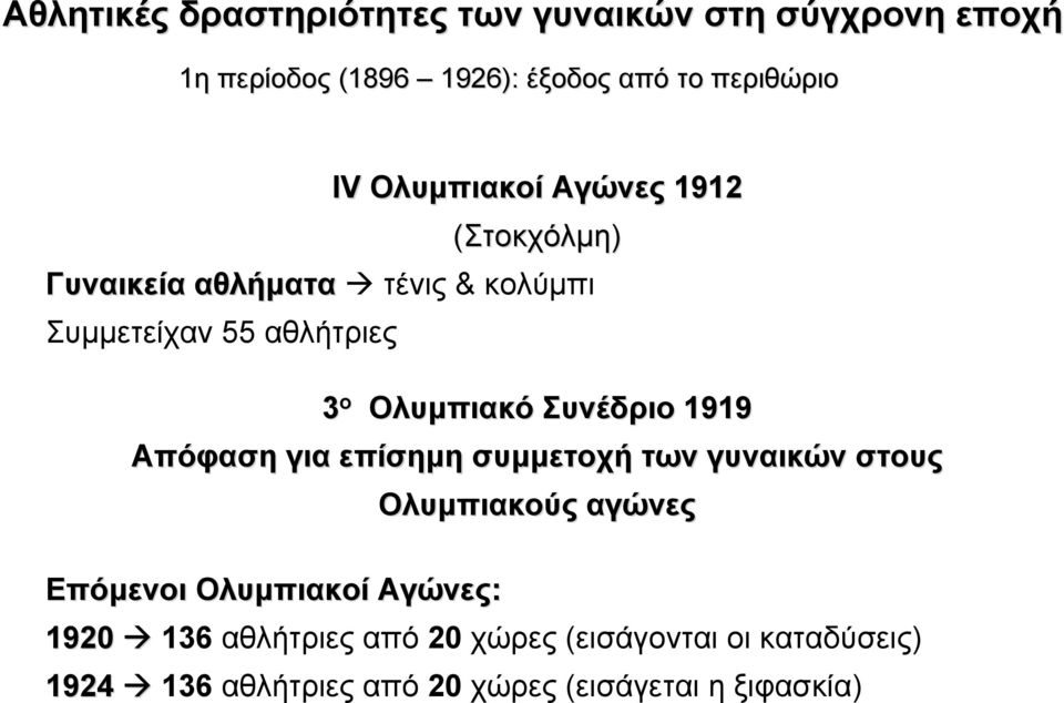 για επίσηµη συµµετοχή των γυναικών στους Ολυµπιακούς αγώνες Επόµενοι Ολυµπιακοί Αγώνες: 1920 136