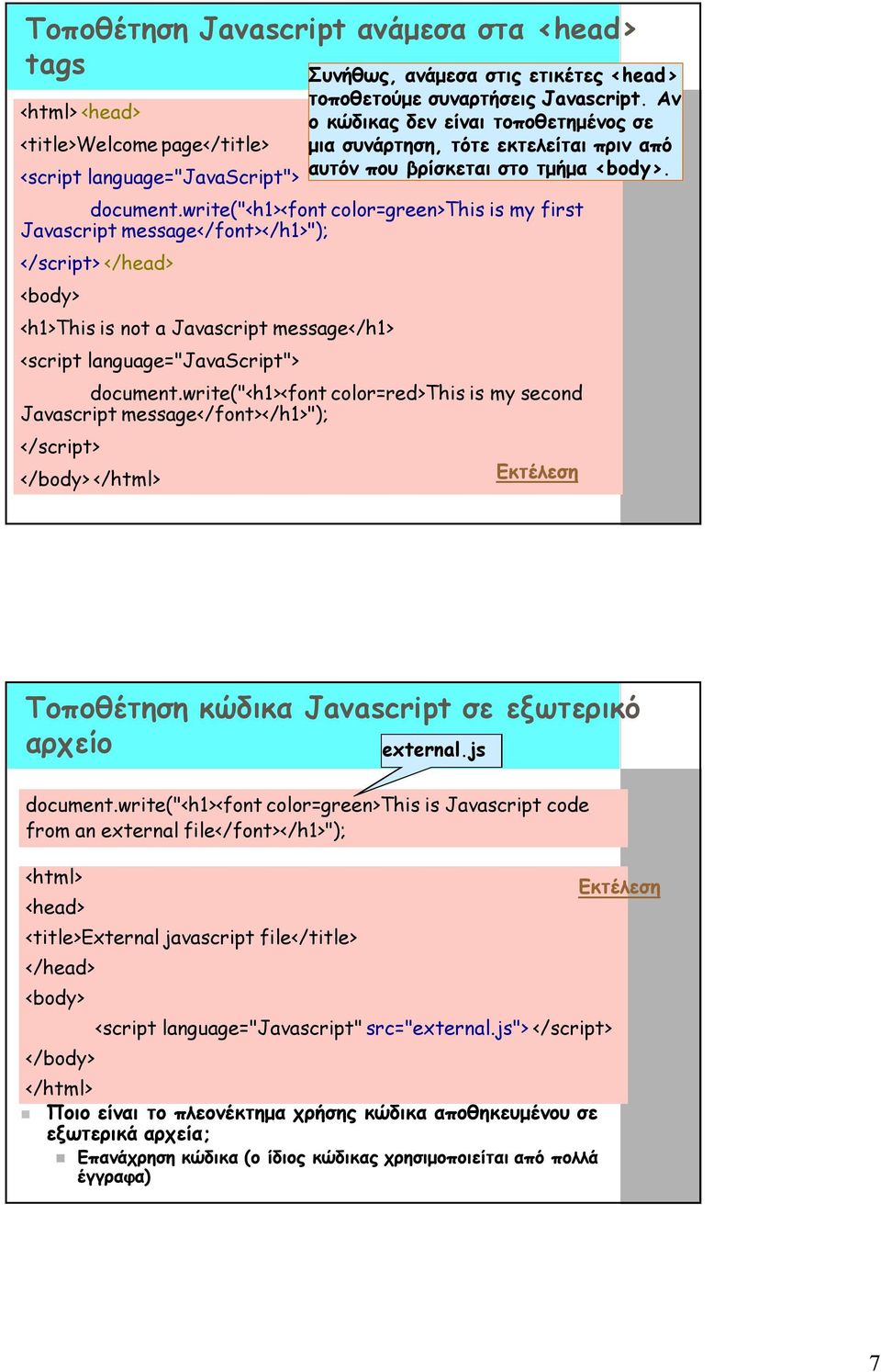 write("<h1><font color=red>this is my second Javascript message</font></h1>"); </body> </html> Συνήθως, ανάμεσα στις ετικέτες <head> τοποθετούμε συναρτήσεις Javascript.