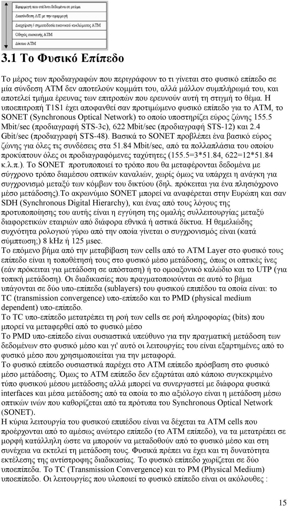 Η υποεπιτροπή T1S1 έχει αποφανθεί σαν προτιμώμενο φυσικό επίπεδο για το ΑΤΜ, το SONET (Synchronous Optical Network) το οποίο υποστηρίζει εύρος ζώνης 155.