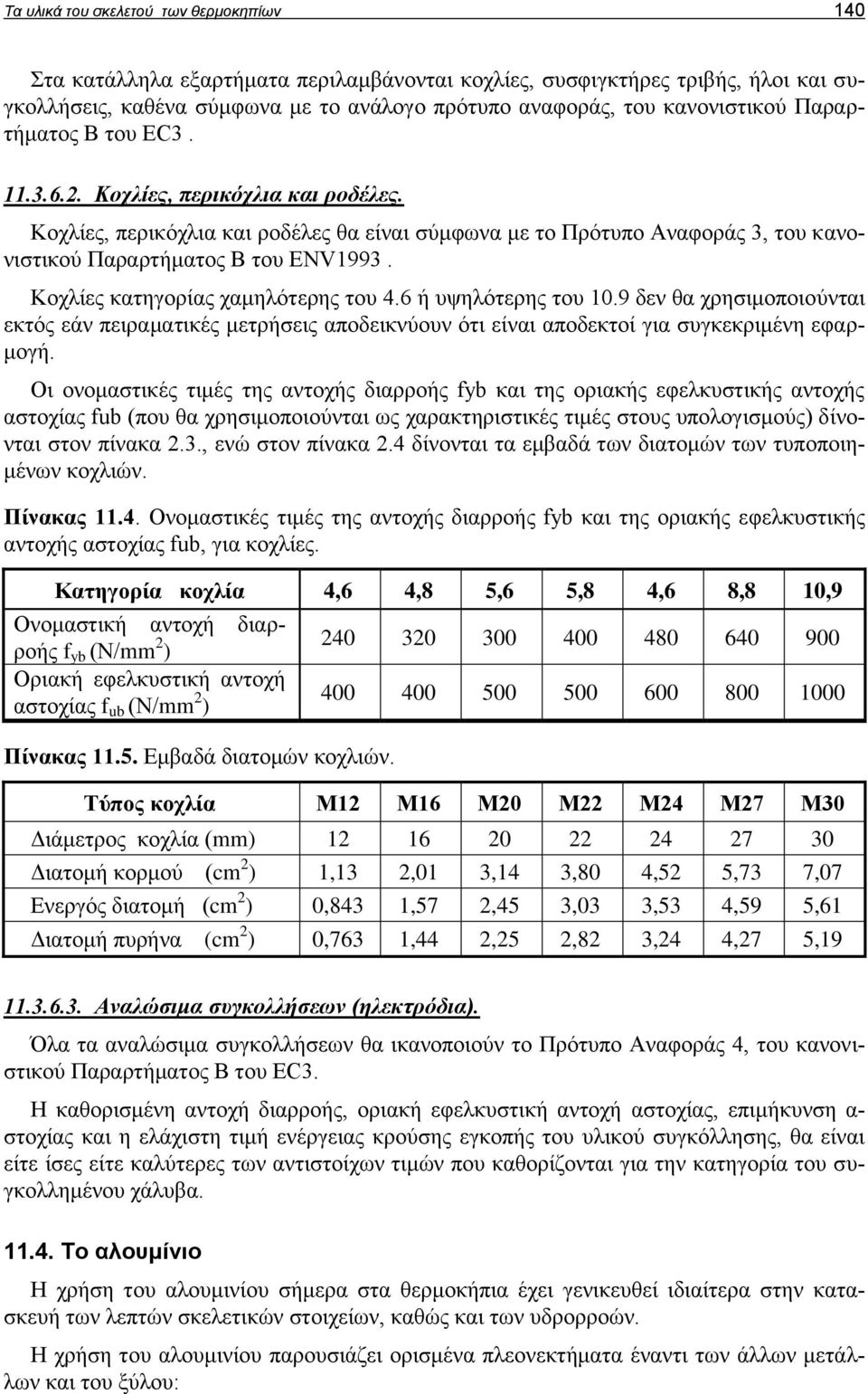 Κοχλίες κατηγορίας χαμηλότερης του 4.6 ή υψηλότερης του 10.9 δεν θα χρησιμοποιούνται εκτός εάν πειραματικές μετρήσεις αποδεικνύουν ότι είναι αποδεκτοί για συγκεκριμένη εφαρμογή.